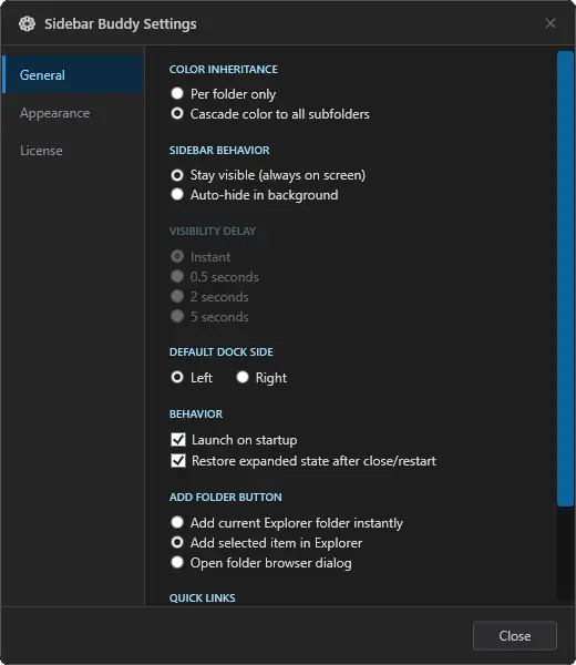 Sidebar Buddy Settings window (1 of 2)