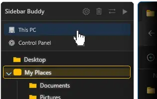 Sidebar Buddy Quick Links: This PC and Control Panel shortcuts docked at the top of the sidebar