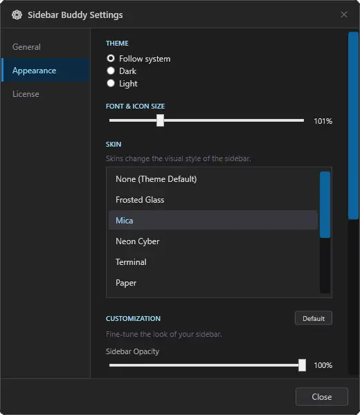 Sidebar Buddy Settings window (2 of 2)
