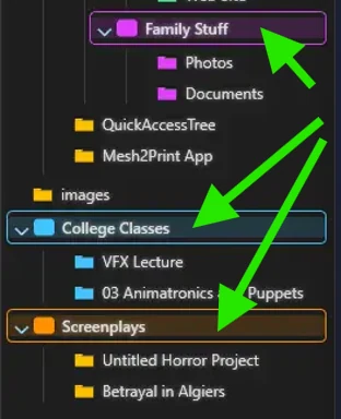 Sidebar Buddy groups: Family Stuff, College Classes, and Screenplays, each with a color-coded header and nested folders