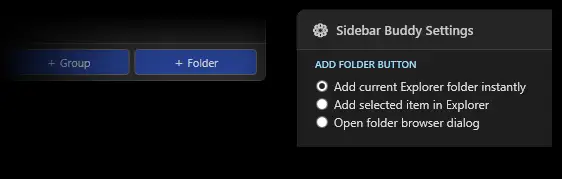 Sidebar Buddy's + Group and + Folder buttons, and the Add Folder Button setting with three modes